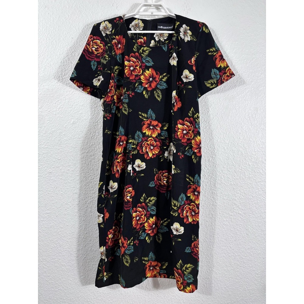 Vintage Sag Harbor Dress Womens L/XL Black Floral Short Sleeve Shift Midi Y2K